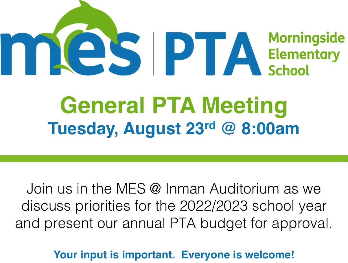 Graphic providing the same details for the general PTA meeting on Tuesday August 23 Graphic providing the same details for the general PTA meeting on Tuesday August 23